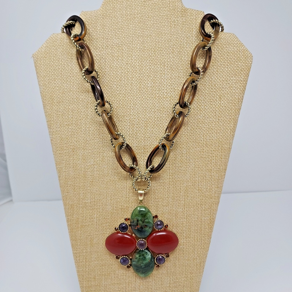 Vintage Maltese Cross Pendant Necklace Acrylic Metal Ornate Link Chain 1990s